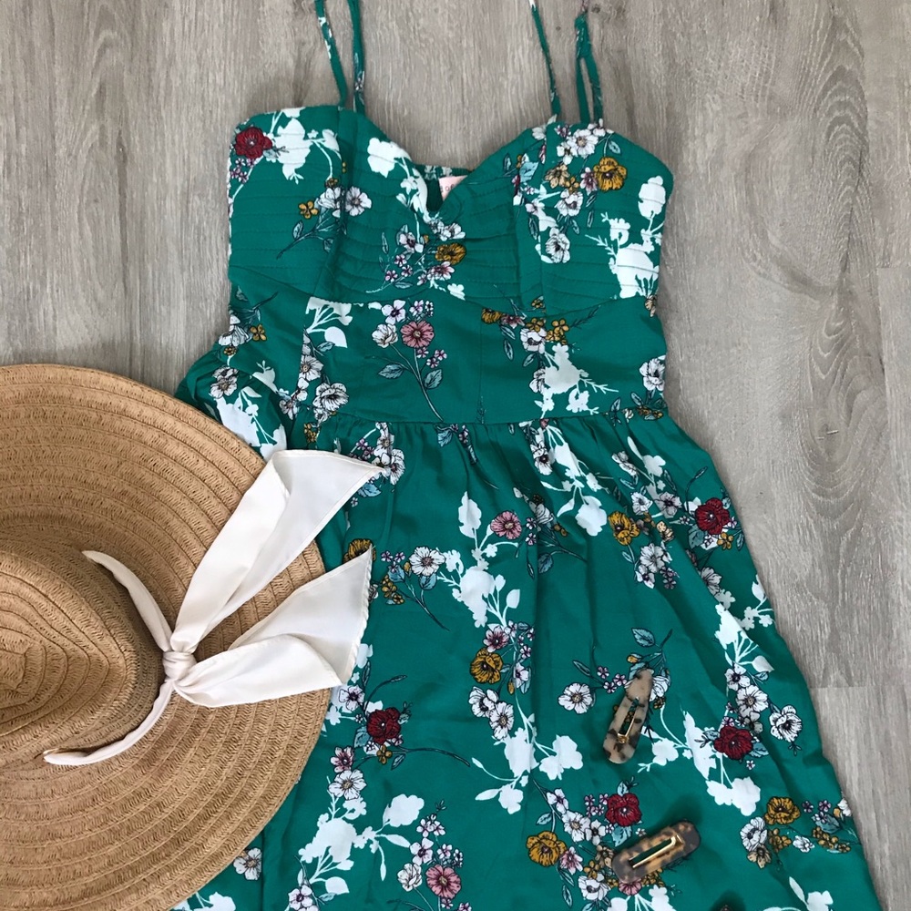 Green floral, spaghetti strapped midi dress